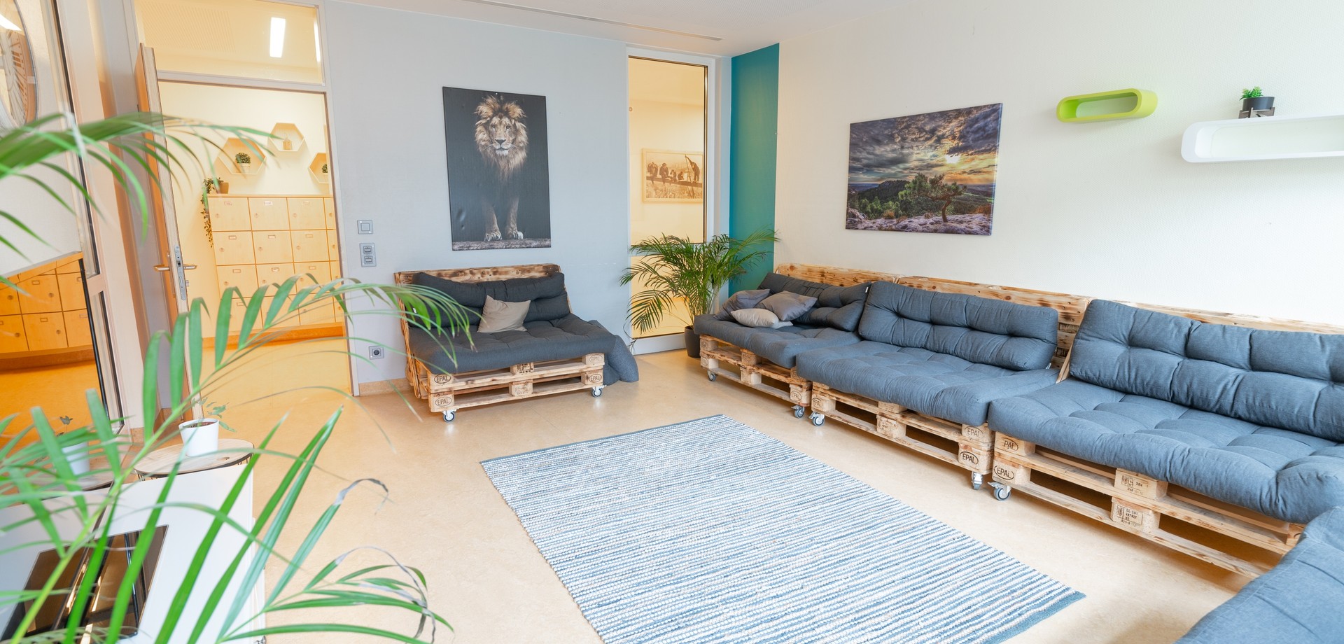 Das Bild zeigt ein Zimmer, in dem ein Sessel und ein Sofa mit grauen Kissen und zwei grüne Pflanzen stehen. An der Wand hängt ein Bild mit einem Löwen