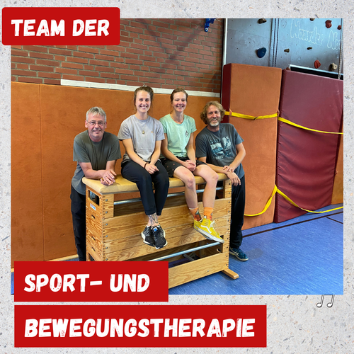 Das Bild zeigt vier Kolleg:innen aus dem Team der Sport- und Bewegungstherapie in der Sporthalle.